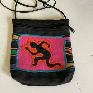 Carlos Falchi Running Man Canvas & Leather Bag Crossbody 7 X 8